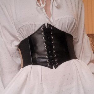 Black Faux Leather Lace Up Corset Elastic Wide Waistband Belt Girdle